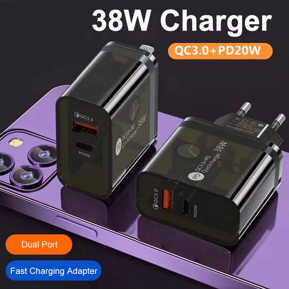 

38W Mobile Phone Charger USB C Fast Charging QC3.0+PD20W Dual Port Wall Charger Power Adapter for Laptops iPhone Samsung Huawei