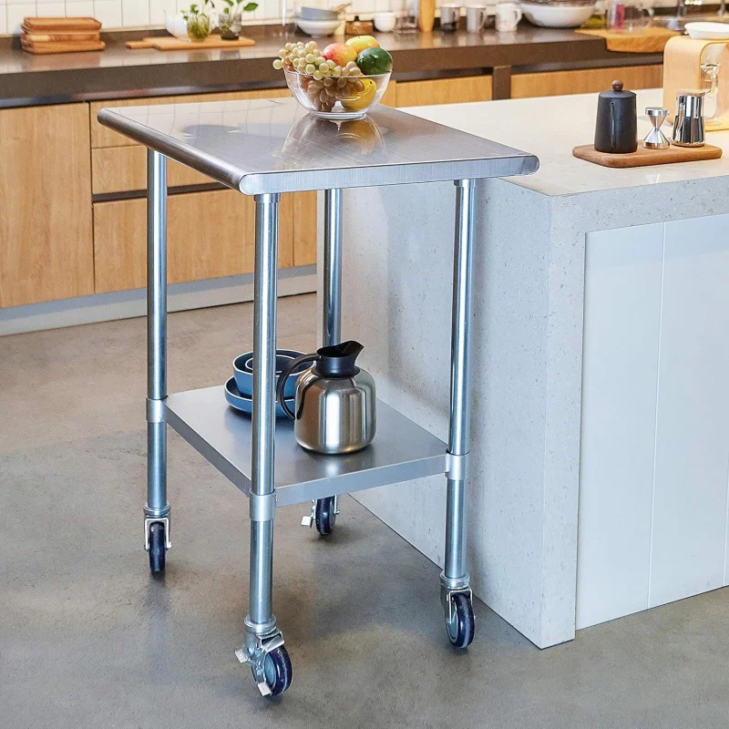 Stainless Steel Table for Prep & Work with Caster 30x24 Inches, NSF Metal Commercial Kitchen Table with Adjustable Under Shelf