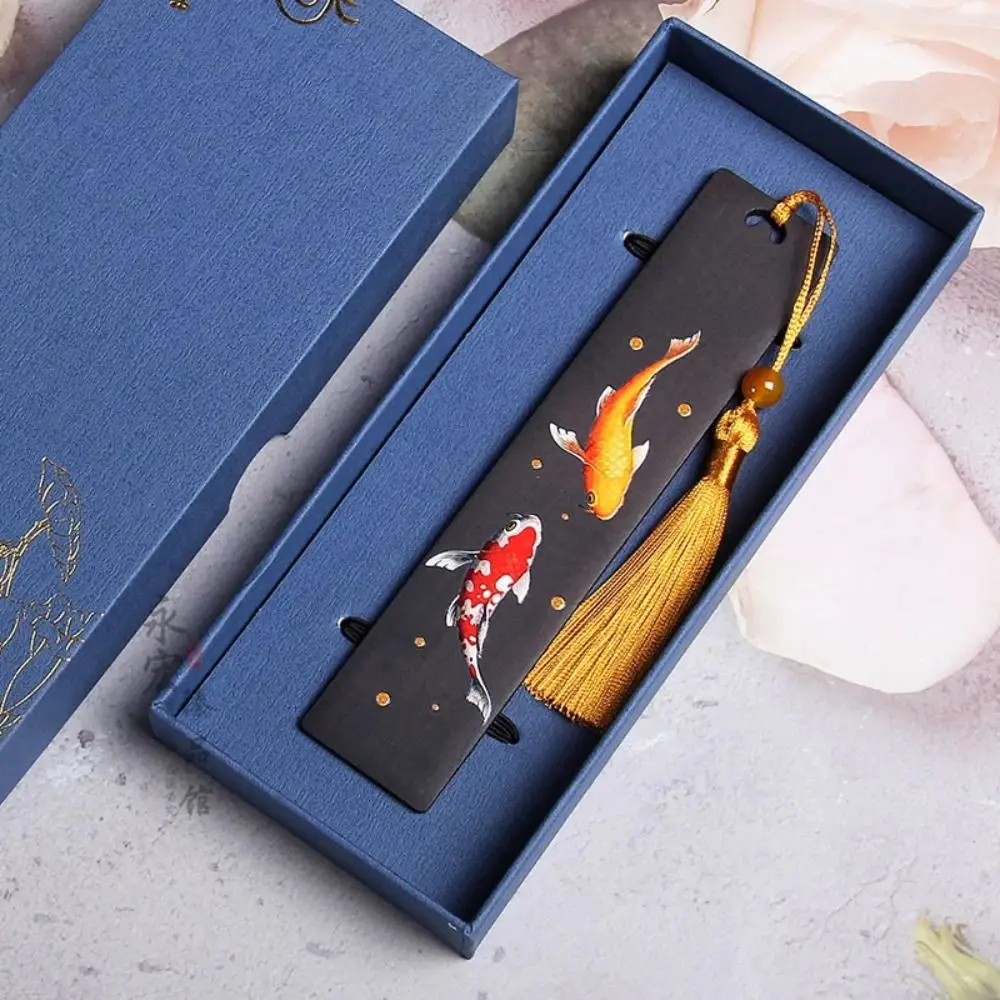 

Chinese Style Bookmark Retro Carving Painted Koi Carp Book Clip Tassel Pendant Ebony Pagination Mark