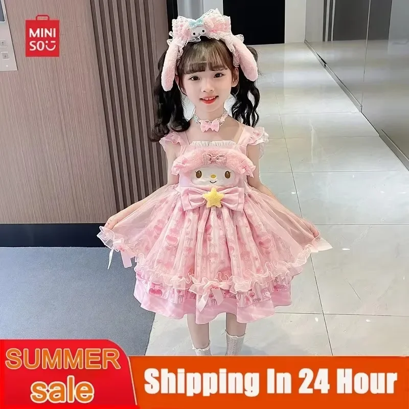 Miniso Kawaii My Melody Cinnamoroll Anime Children Dress Cartoon Lolita Princess Dresses Summer Party Sweet Girl Halloween Gifts