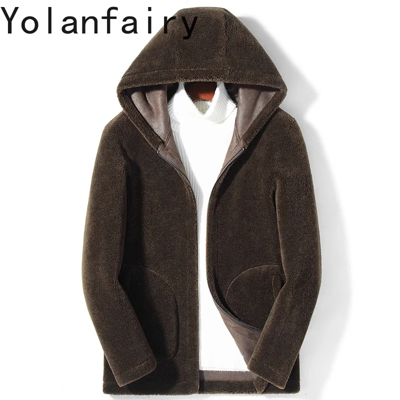

AYUNSUE 100% Wool Coats for Man Winter Hooded Granular Lamb Fleece Jacket Mid-length Men's Clothing Reversible Woolen Jackets