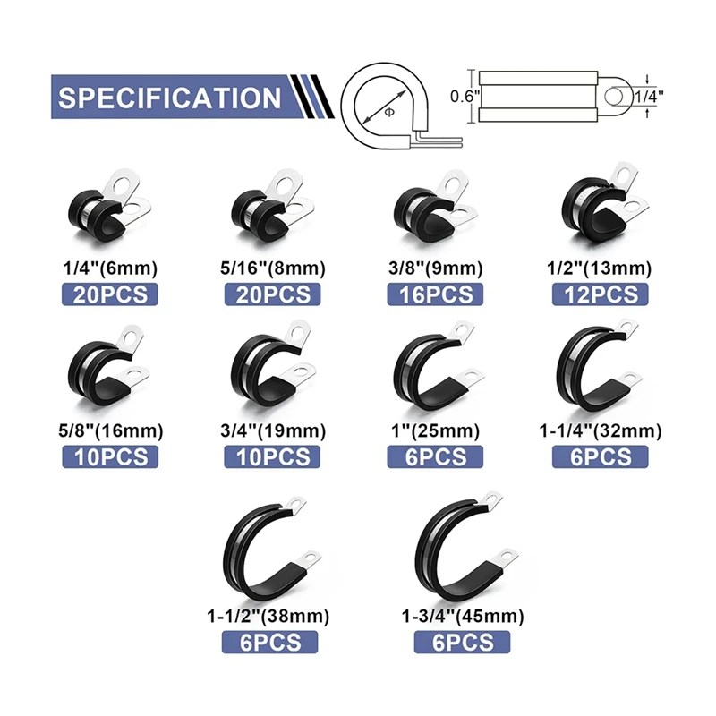 ABNO-Cable Clamps-112 PCS 10 Sizes- Stainless Steel Pipe Clamp Assortment Kit Rubber Cushion Insulated Wire Clamps