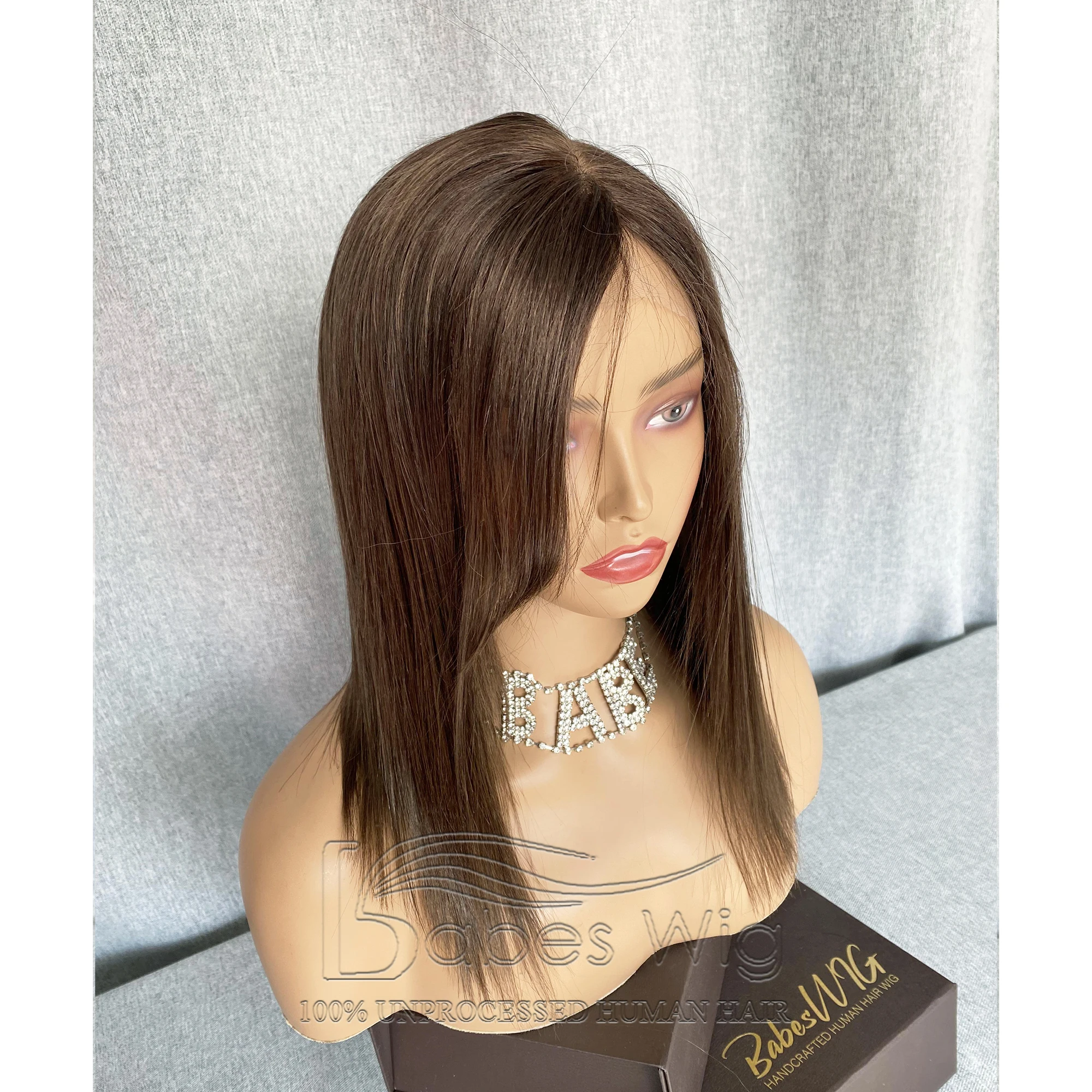 Short Cut BOb Wigs With Left Side Fringe 100% Human hair lace Front Wig with bangs Brown Wigs for White Women With Baby Hair