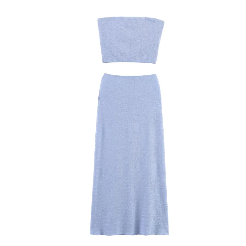 Withered European And American Style Textured Chest Wrapped Top, Midi Skirt Set New Two Piece Set Women's
