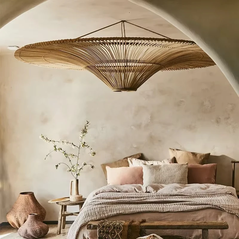 Wabi Sabi Janpanese Rattan Pendant Light Wicker Chandelier for Living Room Restaurant Shop Decor Handmade Straw Hat Chandelier