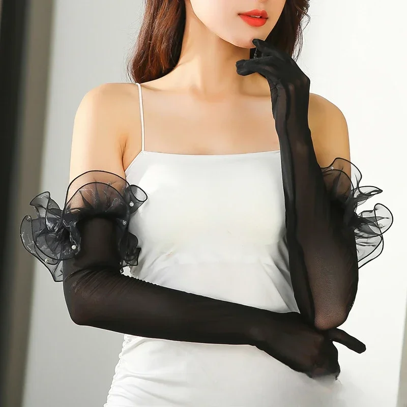 

Christmas Black Silk Perspective Wedding Dress Etiquette Gloves Women Sunscreen Lace Sleeves Summer Outdoor Driving Long Mittens