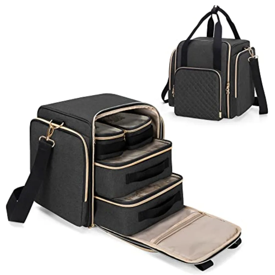 

Travel Makeup Bag with 4 Inner Removable Cases Large Cosmetic Bag with Multiple Storage Sections Patent Design Bag Only Black