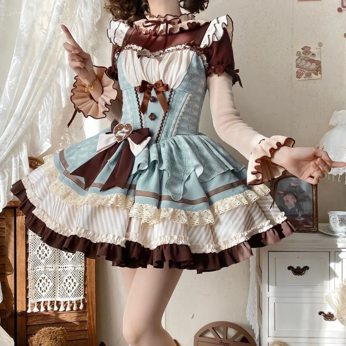 Sweet Lolita Vintage Dessert Theme Dress Ruffle Lace Bow Layered Puffy Skirt Blue Brown Princess Tea Party Costume Outfit Set