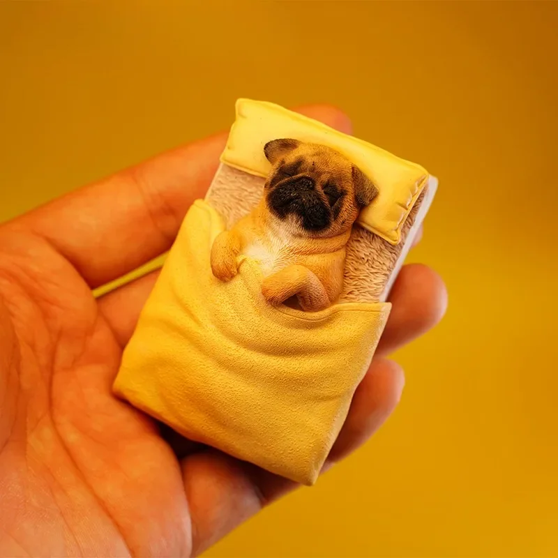 JXK Small 1/6 Scale Cute Simulation Single Pug Model Pet Dolls Cover with A Blanket Resin Puppy Fridge Magnet