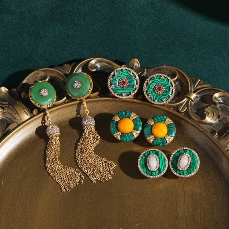 

Vintage Striped Green Malachite Earrings Button Round Woman Natural Stone Gold Color Inlays Rhinestone Elegant Gift New In 2025