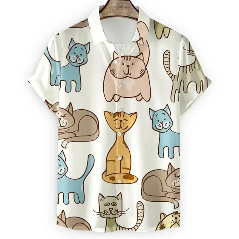 Men's Shirt For Men Cute 3d Cartoon Cat Print  Cool Summer Short Sleeve Button Loose Hawaiian Shirt Holiday Beach Shirt Clothing