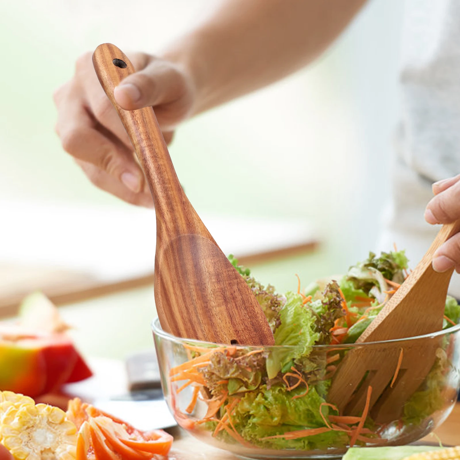 

Long Handle Salad Fork Spade Wooden Serving Utensils Rustic Kitchen Reusable Sporks Cooking Forks Stirring