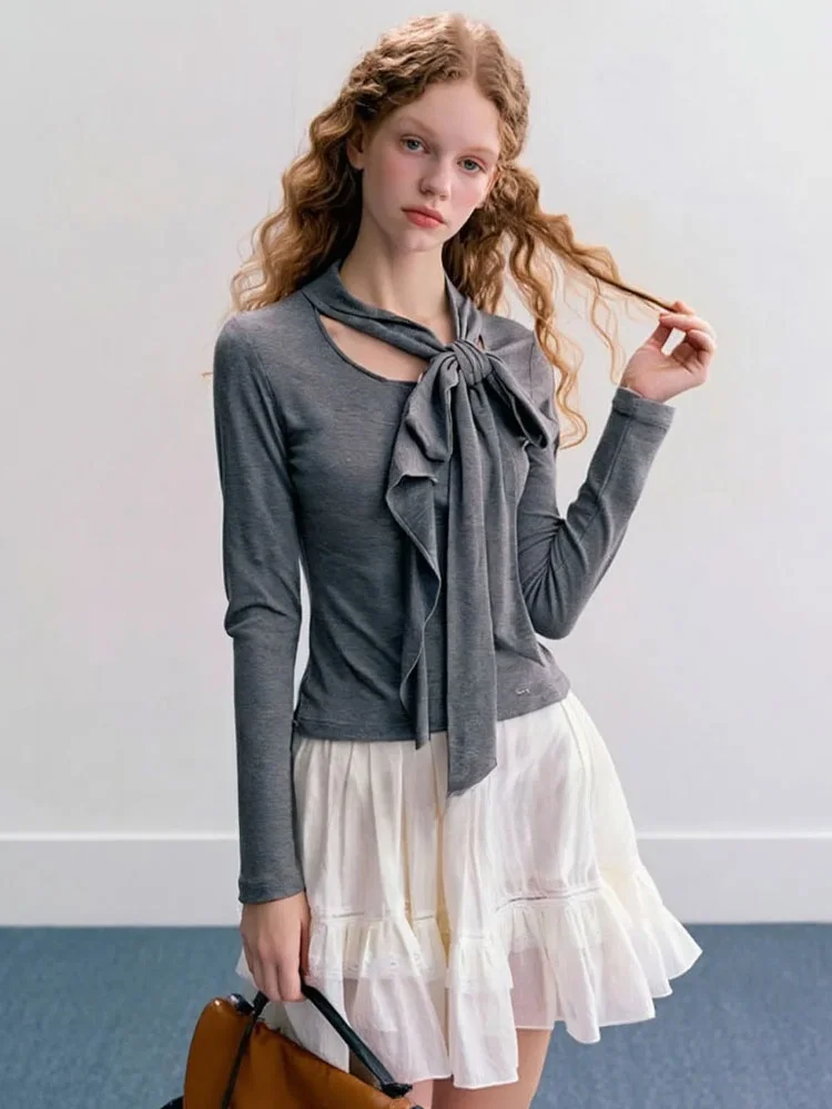 

Grey Knot T-Shirt Banded Splice Sweet Lace Trim Spring New Style French Style Standard Fit Long Sleeve round Neck Top