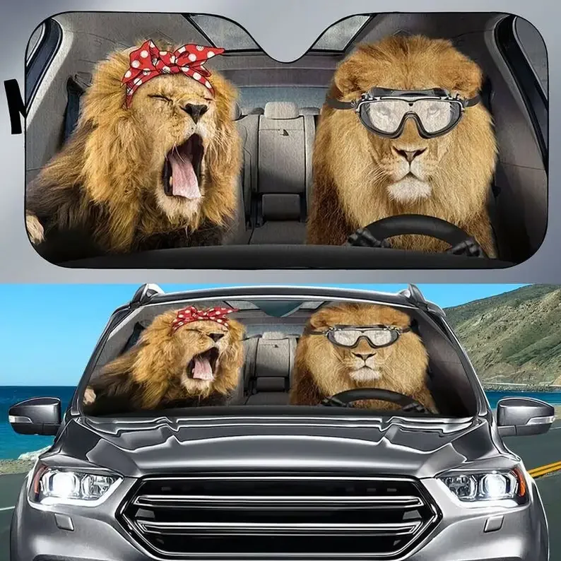 Couple Car Sunshade Lion Pretty Lion Driving Car Lion Lover Couple Gift Windshield Sunshade Oxford Cloth Windshield Ca