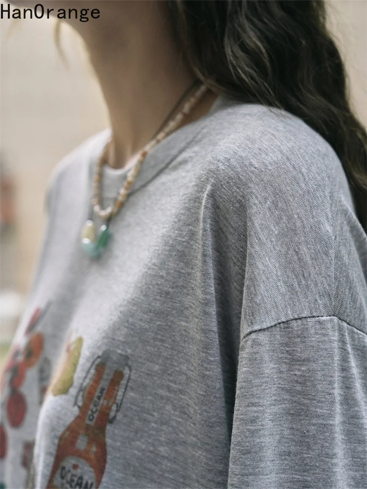 HanOrange 2025 ฤดูร้อนแฟชั่นผ่อนคลายพิมพ์แขนยาวครีมกันแดดเสื้อยืดผู้หญิงน้ําหนักเบาBreathable Top Teesสีขาว/สีเทา