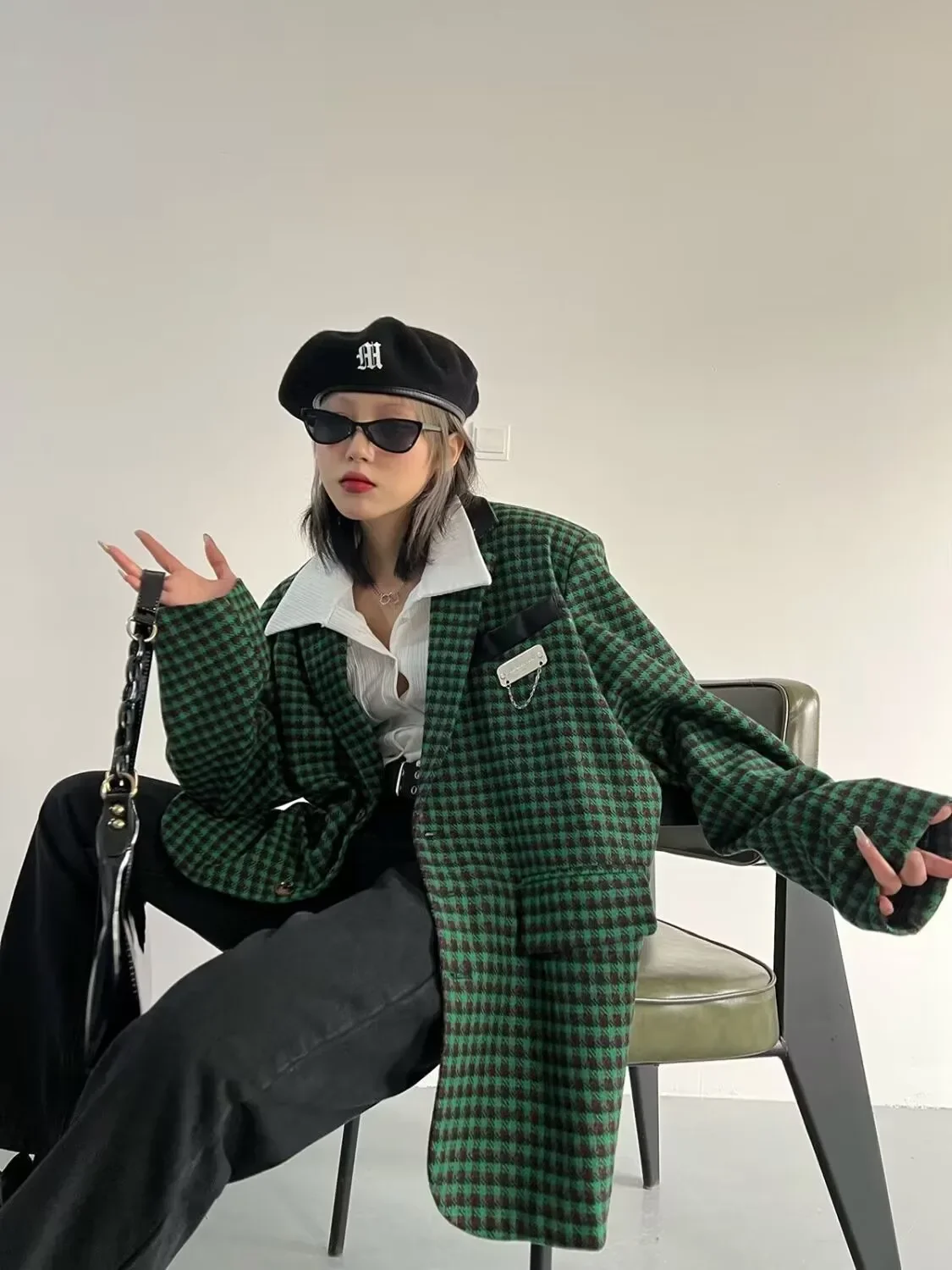 Women\'s Vintage Plaid Jacket, Korean Style, V-neck, Elegant Double Breasted Blazer, Female Streetwear, Harajuku Long Sleeve Suit