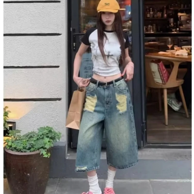 جينز بأرجل واسعة مغسول بفتحات ، بنطلون متوسط الطول ، تصميم متخصص ، علامة تجارية عصرية ، كلاسيكي ، صيفي ، سبعة بوصات #2