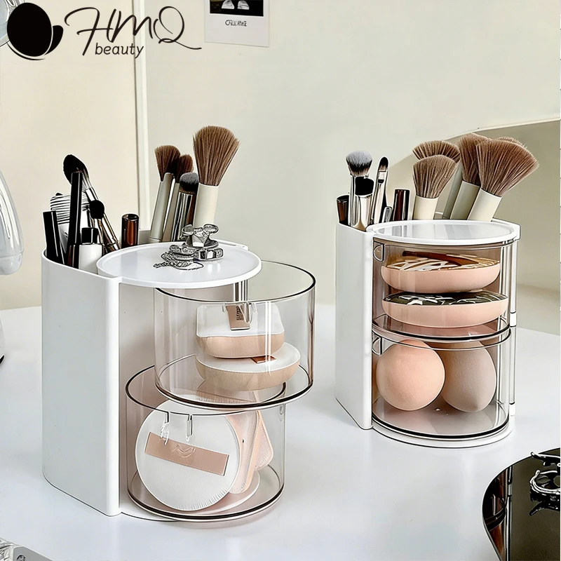 2-in-1 Makeup Brushes Puff Storage Box Multi Layer Rotatable Dustproof Cosmetic Organizer  Lipstick Cotton Makeup Tools Storage