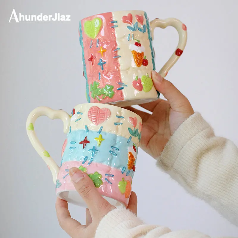 AhunderJiaz 500ml Cute Ceramic Milk Mug Teenage Girl Coffee Mug Breakfast Mug Home Cookware Set Birthday Gift 소녀 도자기 컵