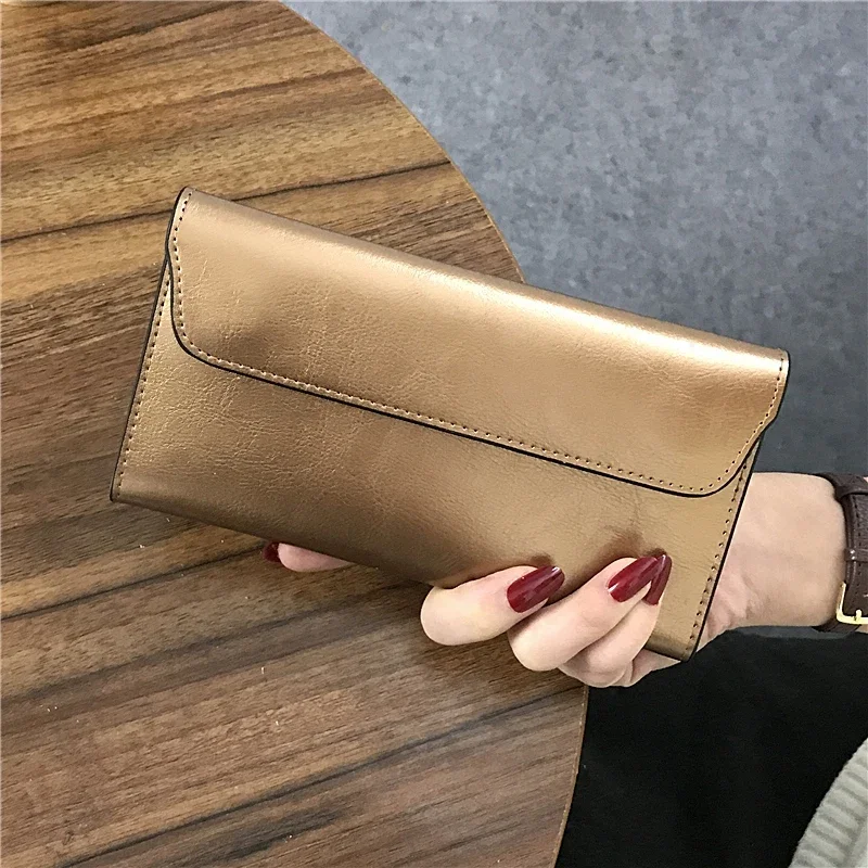 Genuine Leather Wallet Women Fashion Money Bag with Magnetic Buckle Long Wallet Pocket Handbag Leather Card Holder for Women