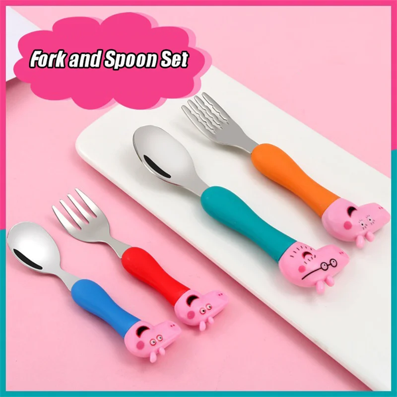 Peppa Pig Fork Spoon Set Children Tableware Fork Spoon George Pig Dad Mom Suit Cartoon Figure Toys Gifts Girls Boys 2024 Gifts