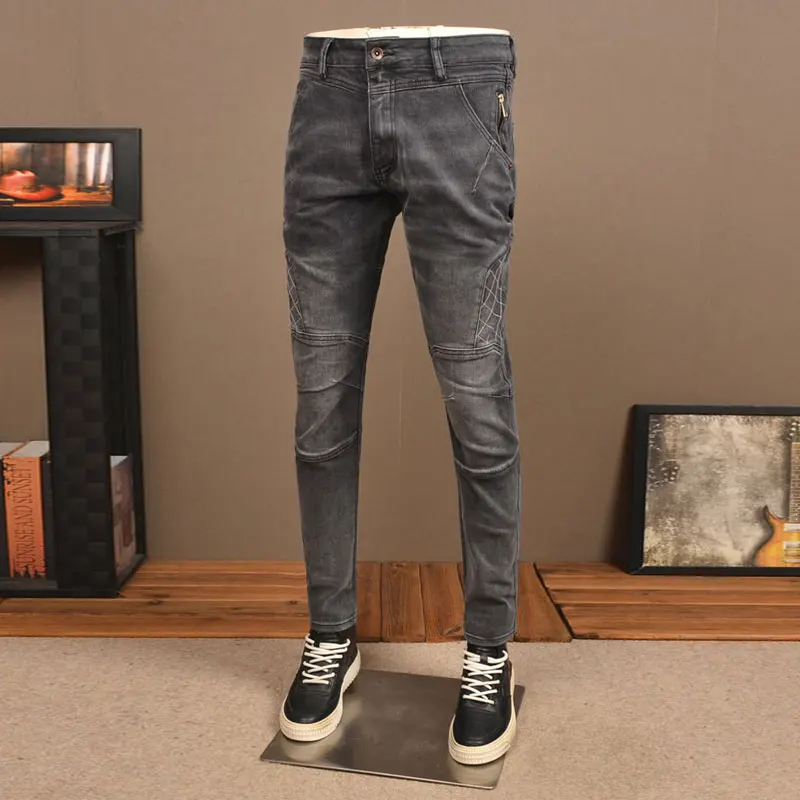 

Street Fashion Men Jeans Retro Black Gray Stretch Slim Fit Spliced Designer Biker Jeans Men Patched Hip Hop Denim Pencil Pants