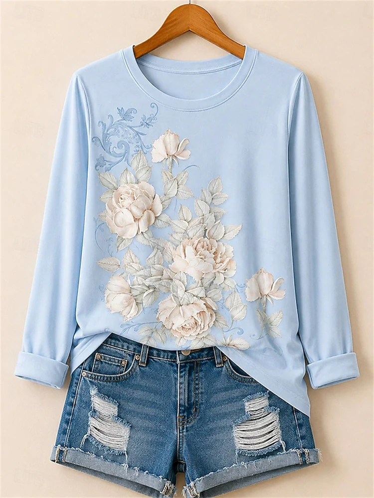 Women's Stylish Autumn Long-Sleeve Top Vintage Floral Print Crew Neck Casual Yet Elegant Perfect for Work or The Office