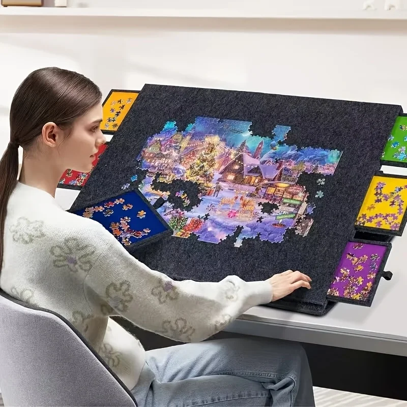 2026 6 In 1 Puzzle Board With Stand Cover Felt Surface 6 Drawers Holds 1000 Pieces Portable Puzzle Organizer Storage Tray