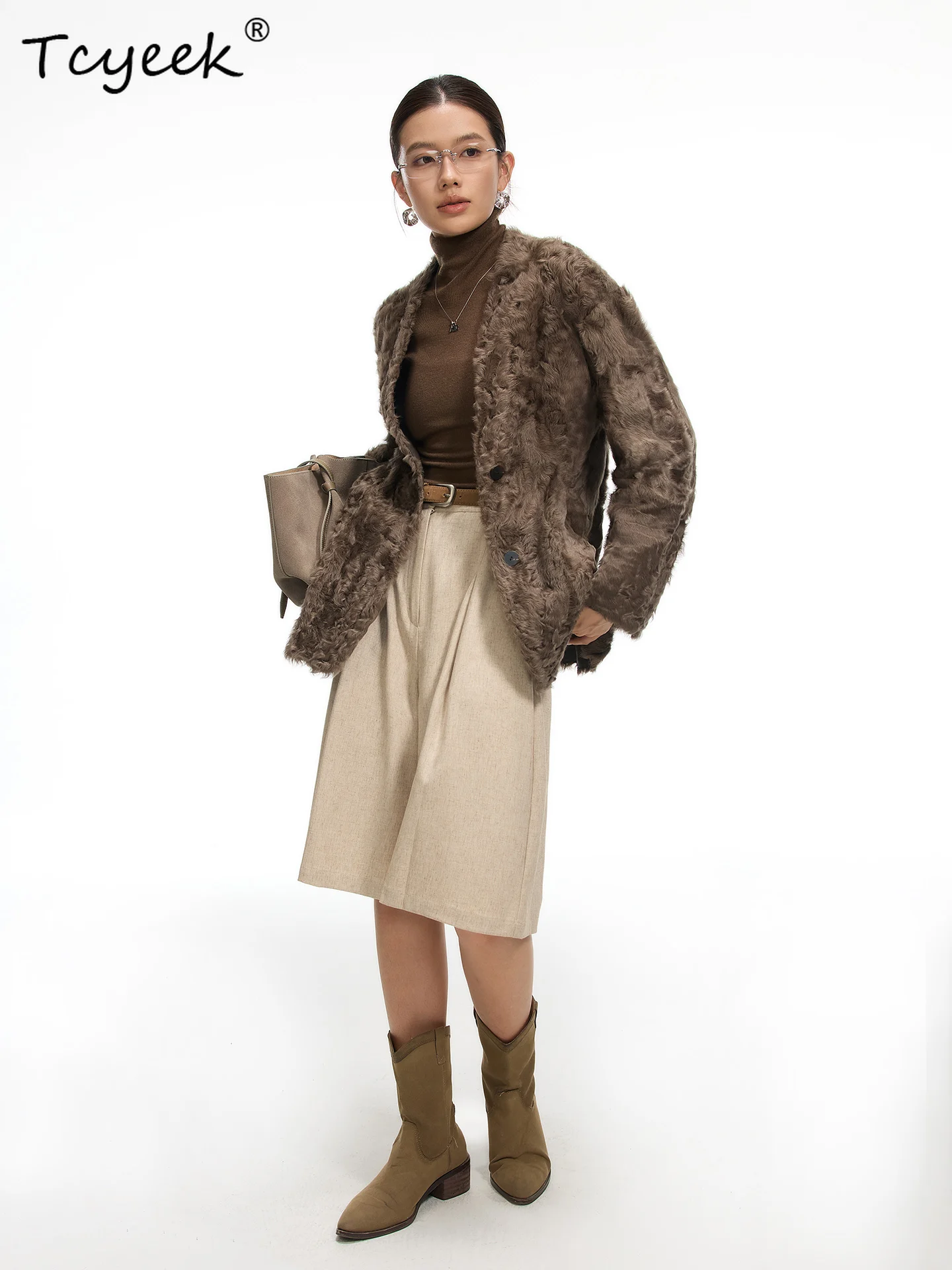 Tcyeek Genuino Lana Autunno Inverno Alla Moda di Fascia Alta Con Scollo A V di Colore Solido delle Donne di Lana Shearling Cappotto di Pelliccia Fourrures Femme