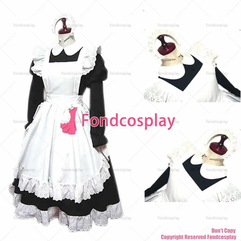 

fondcosplay adult sexy cross dressing sissy maid long black Cotton Lockable Dress Uniform white apron Costume CD/TV[CK761]