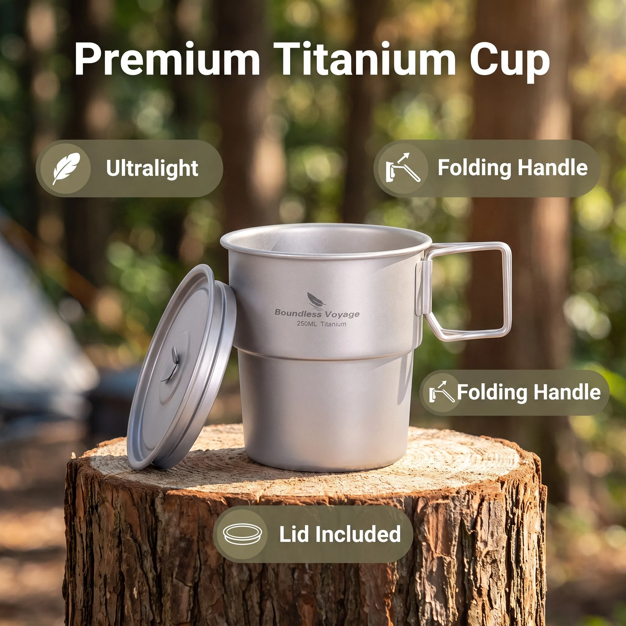 Boundless Voyage Titanium Camping Mug Cup 250ml Outdoor Stackable Travel Drinking Mug with Folding Handle for Beer Coffee Tea