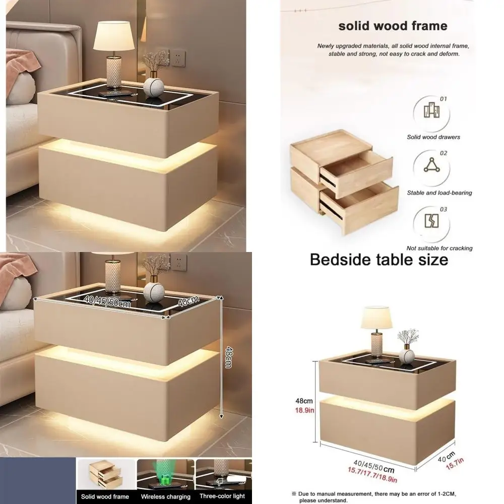 contemporary 2-drawer nightstand with wireless charging and led light for bedrooms