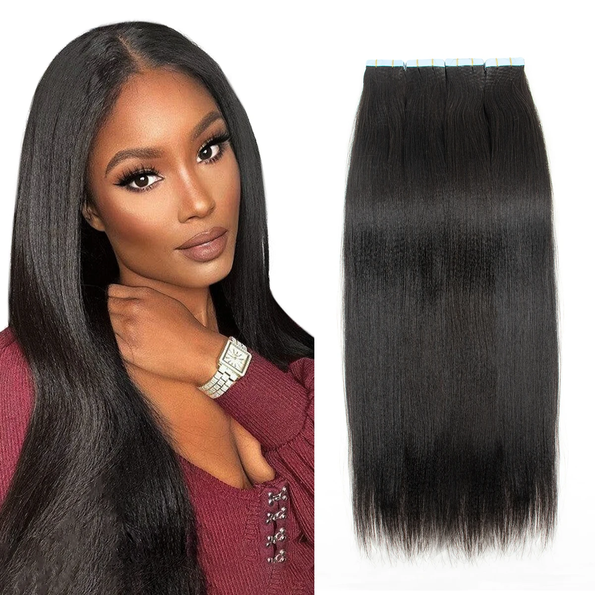 شريط ياكي أسود طبيعي في ملحقات ريمي الشعر البشري الحرير ضغط ضوء ياكي الشريط في وصلات الشعر 12-26 بوصة 20 قطعة/الحزمة