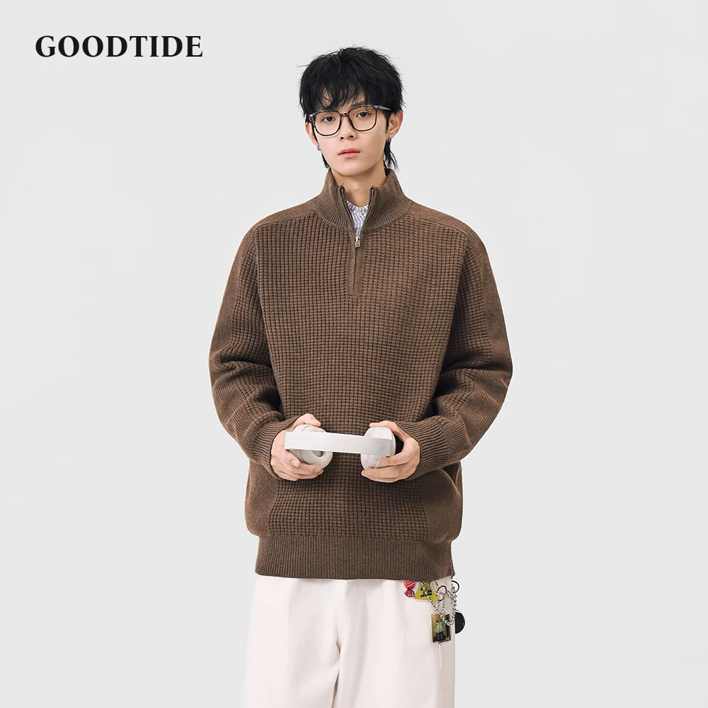 

Модный мужской повседневный свитер с воротником-стойкой на молнии, зима 2025 года, новый вафельный вязаный пуловер, удобный мягкий джемпер с длинными рукавами, топ