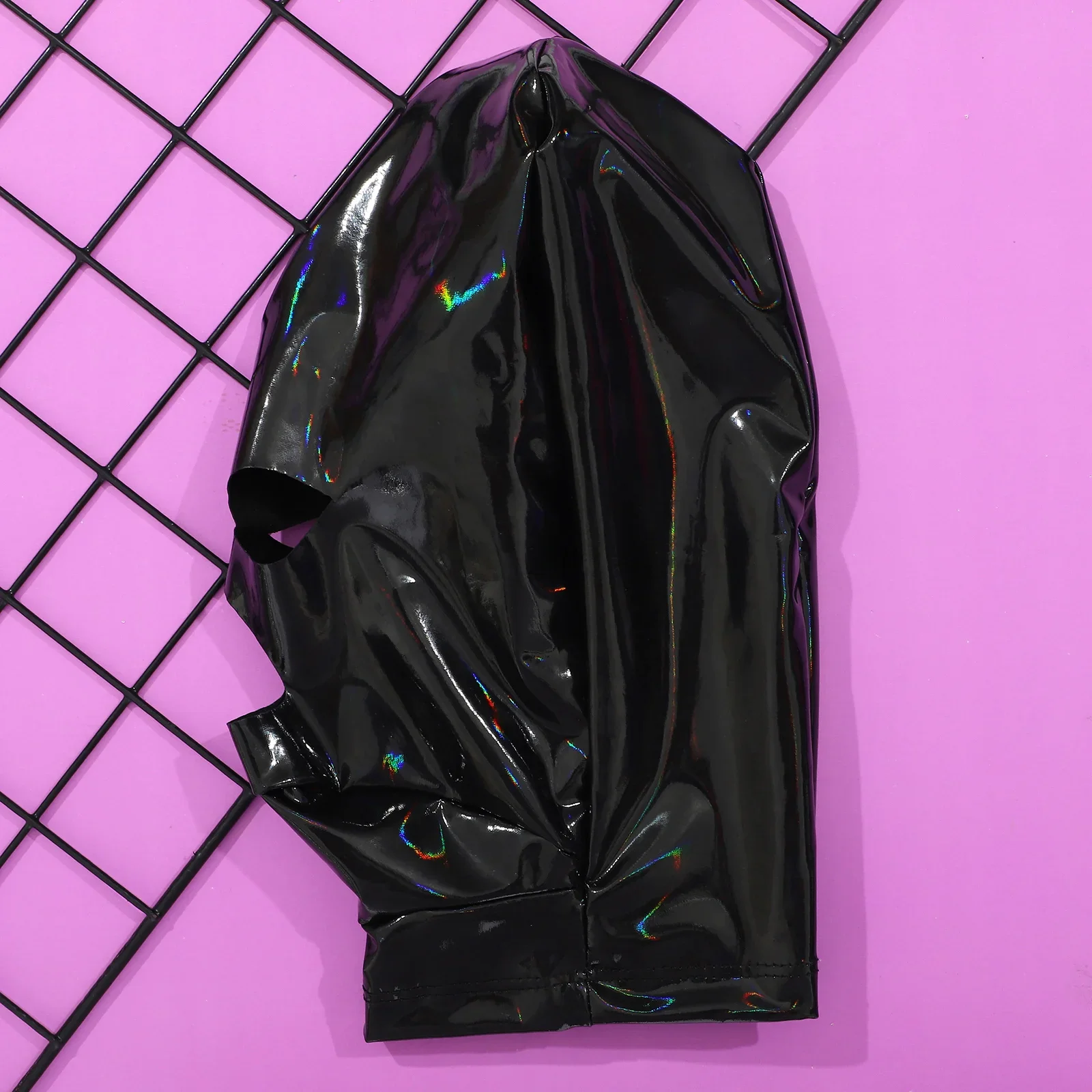 Mascarilla facial de látex para hombre y mujer, tela metálica brillante, boca abierta + cubierta para la cabeza pegada con ojos, disfraz de juego de rol para parejas, máscara facial con capucha