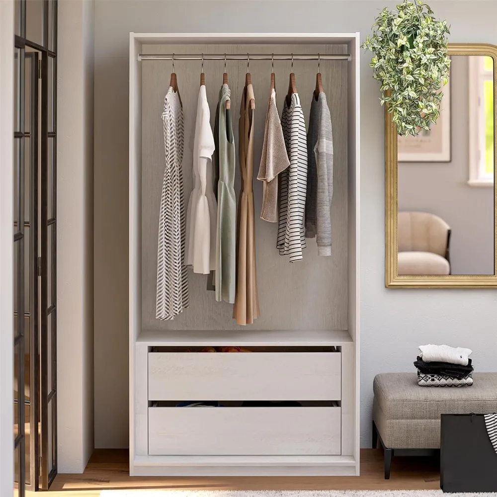 Double Wide Open Wardrobe with 2 Wide Drawers and Wide Hanging Rod, Ivory Oak