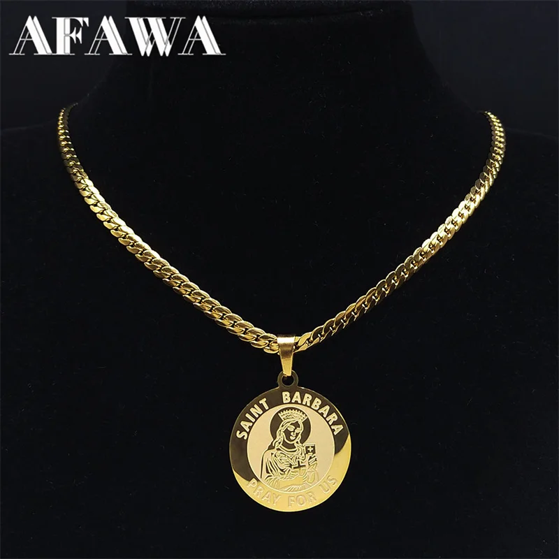 Archangel Saint Barbara Pray for Us Necklace for Women Men Gold Color Stainless Steel Amulet Medal Chain Jewelry colares N3017