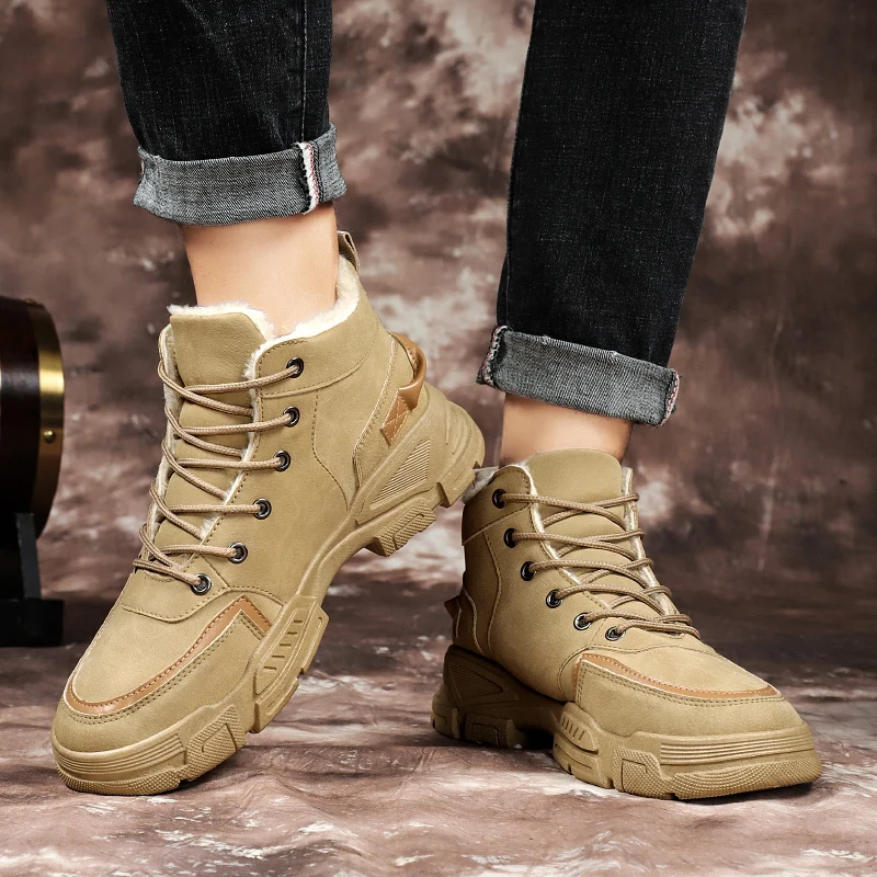 Winter Outdoor Snow Boots Men Thick Bottom Lightweight Keep Warm Men Wear-resistant Plush Lace-up Casual Sports Shoes Men