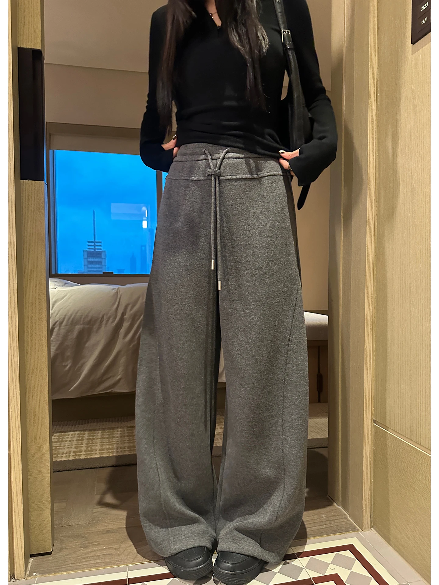 

EKOOL High Waist Drawstring Casual Pants Women's Thickened Loose Straight Leg Wide Leg Pants Winter Fashion plus Size