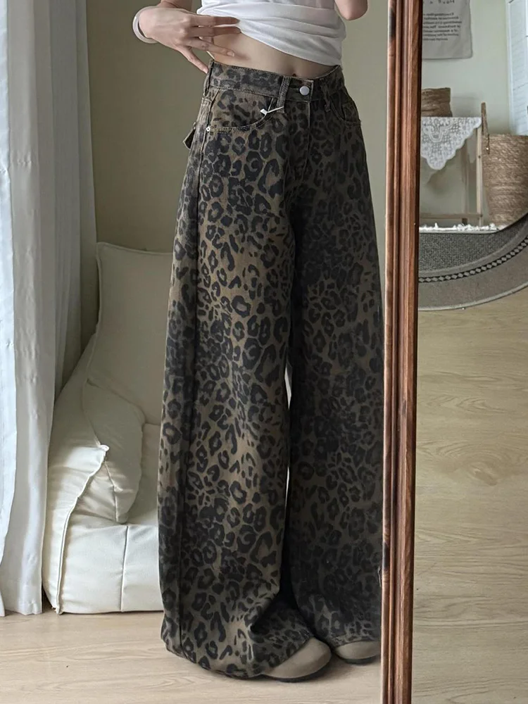 Spring Y2k Leopard Jeans Women High Waist Streetwear Retro Harajuku Denim Pants Hop Casual American Vintage Loose Trousers