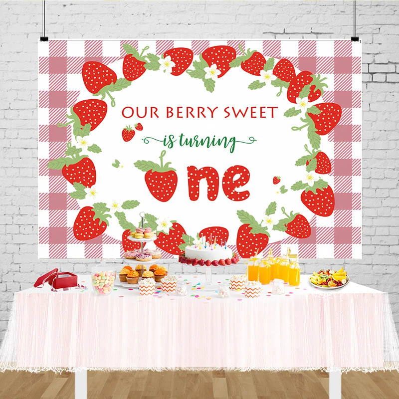 

Our Berry Sweet Girl is Turning One Backdrop Photography Baby Strawberry 1st Birthday Party Theme Decoration Background Wall