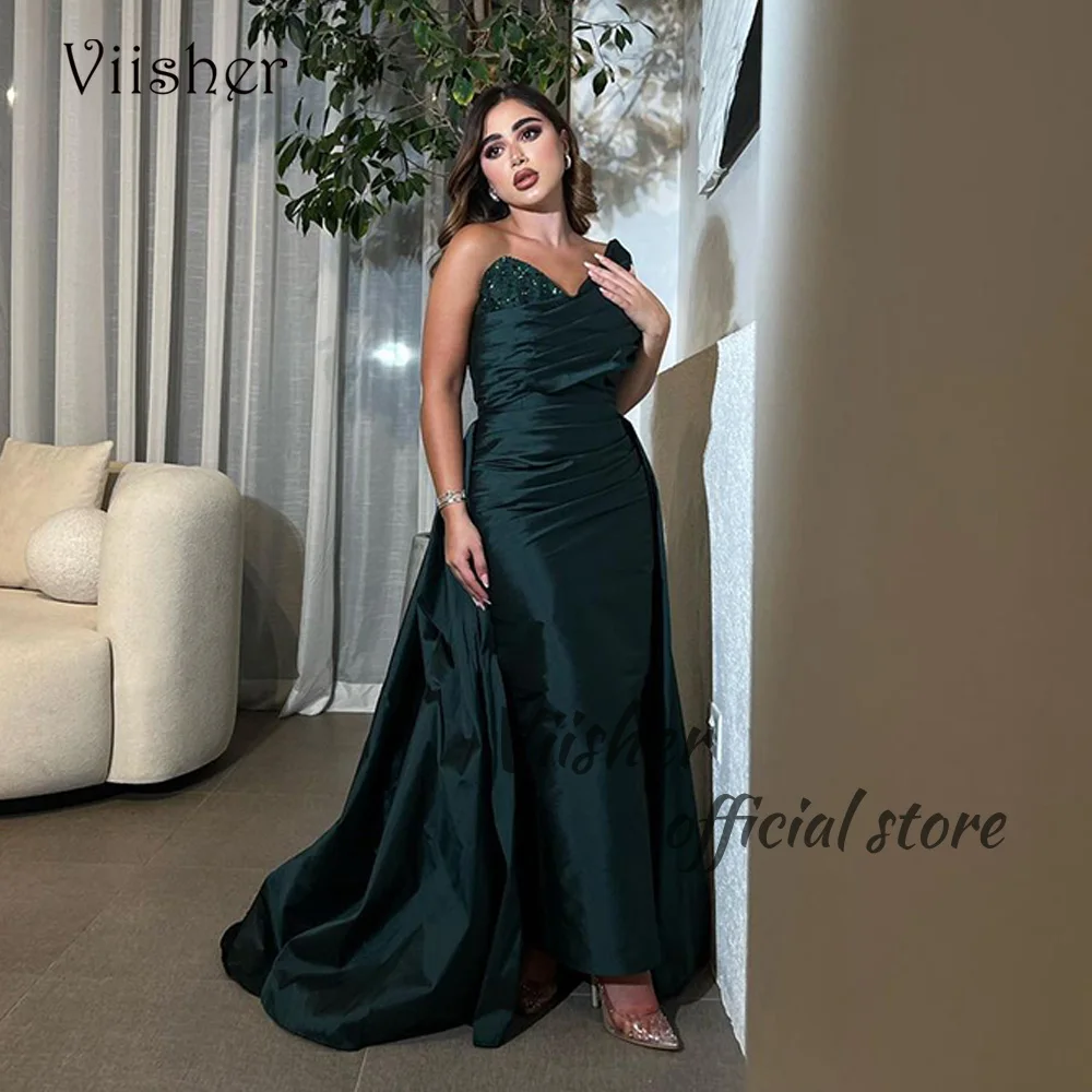 

Viisher Arabic Mermaid Evening Dresses Sequin Sweetheart Pleats Satin Dubai Prom Party Dress with Train Long Celebrate Gowns