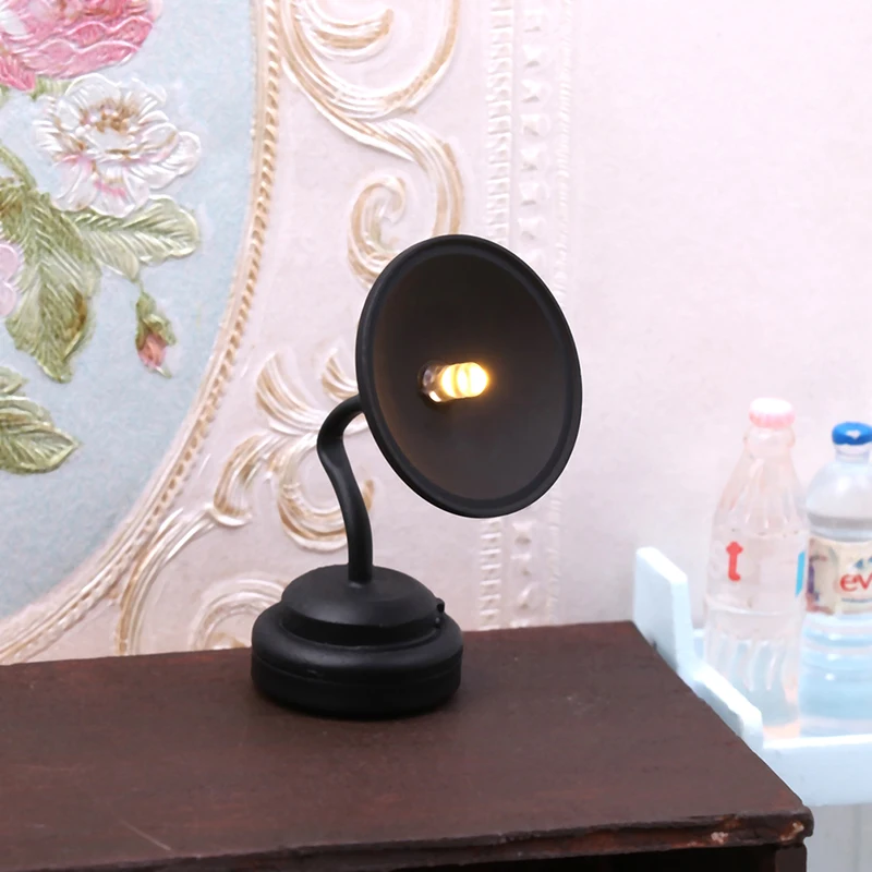 1:12 Dollhouse Miniature Furniture Mini LED Lamp Desk Lamp Black Wall Lamp With Switch Furniture Model Decor Toy