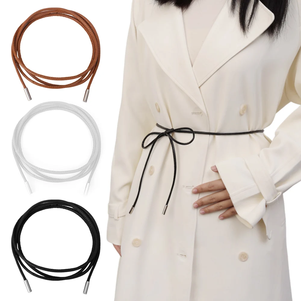 Women Waistband Round Leather Rope Thin Belt Women Dress Skirt Sweater Coat Vintage Bow Knot Long Waist Rope Decorative Belt