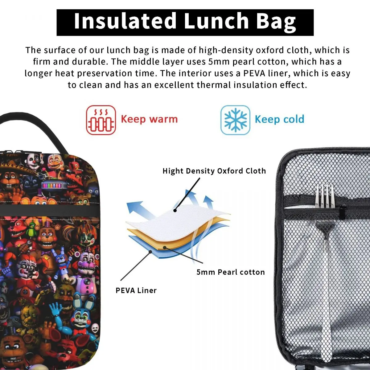 FNAFS All Characters Insulated Lunch Bag Cooler Bag Lunch Container Video Game Portable Tote Lunch Box Men Women School Picnic