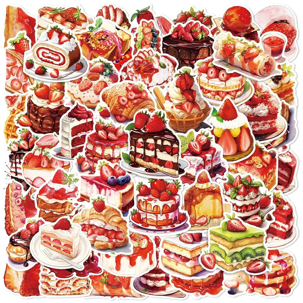 50PCS Strawberry Cake Dessert Graffiti Stickers for Helmet Bicycle Hand Account Pencil Case Decals