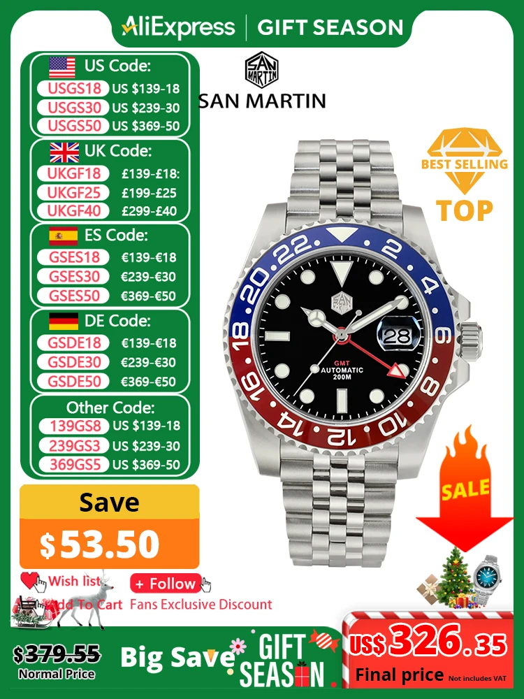 San Martin GMT Luxury Men Watch Jubilee Bracelet Bidirectional Ceramic Bezel Sapphire Cyclops Waterproof 20Bar BGW-9 Luminous