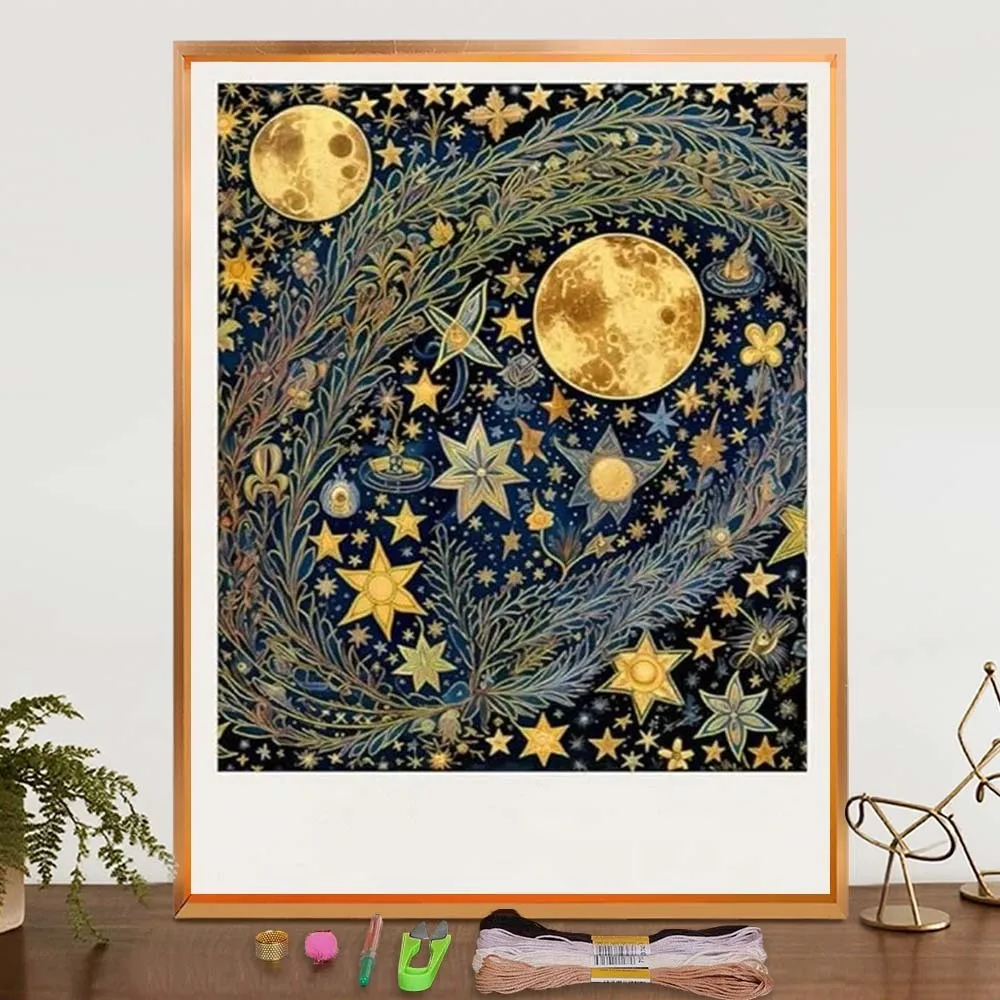 

Cartoon Starry Sky Printed Embroidery Kit For Beginners Moon Star Landscape Pattern Cross Stitch Kits Threads And Needles Set