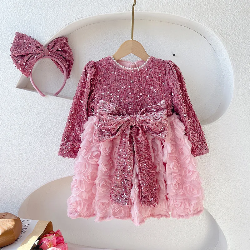 

Luxury Princess Dress Roses Sequins Kids Dresses For Girls Party Long-Sleeved Bow Birthday Prom Children Clothes With Headdress
