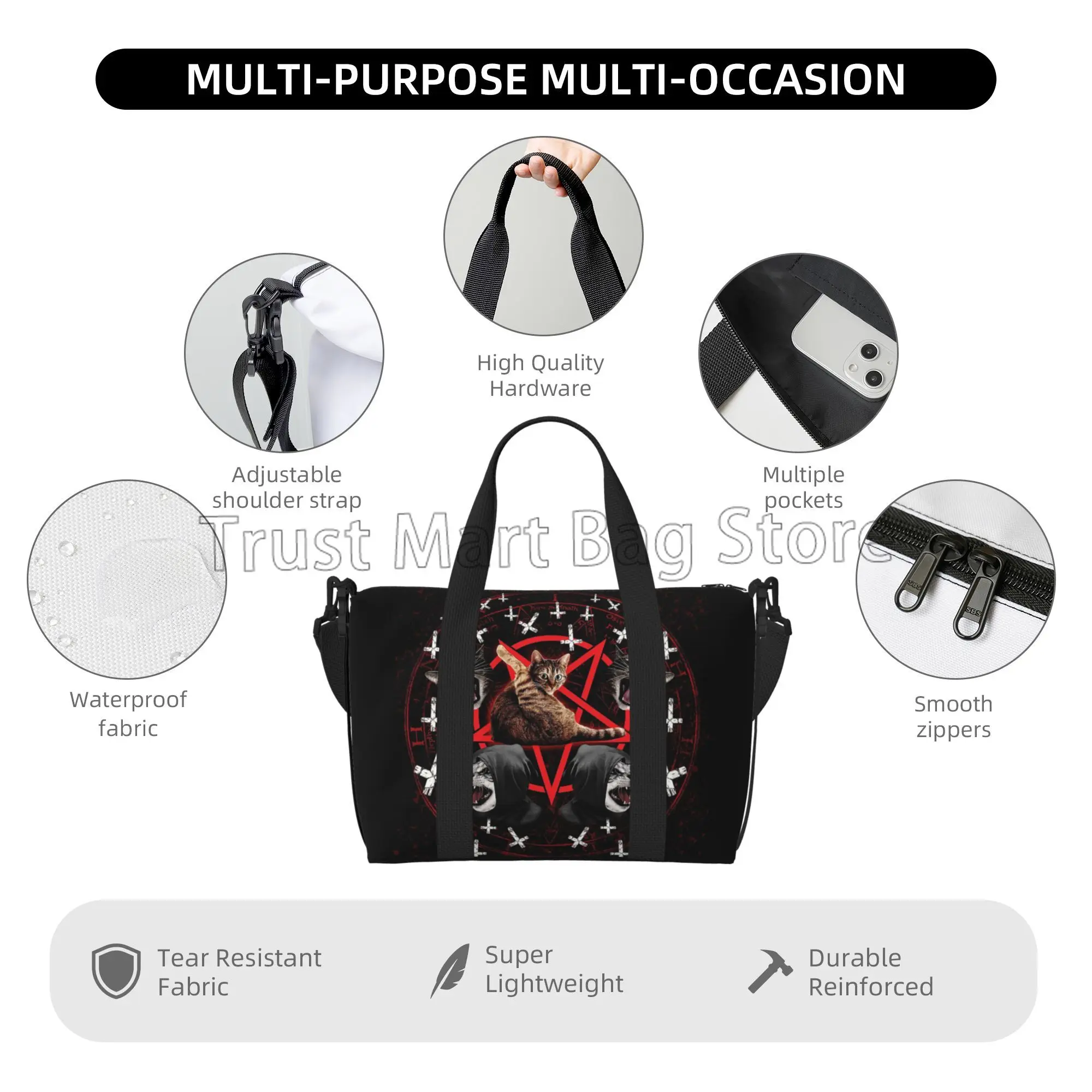 Pentagram Satanic Cats Death Black Metal Duffel Bag Lightweight Travel Bags for Sports Gym Foldable Weekender Overnight Bags